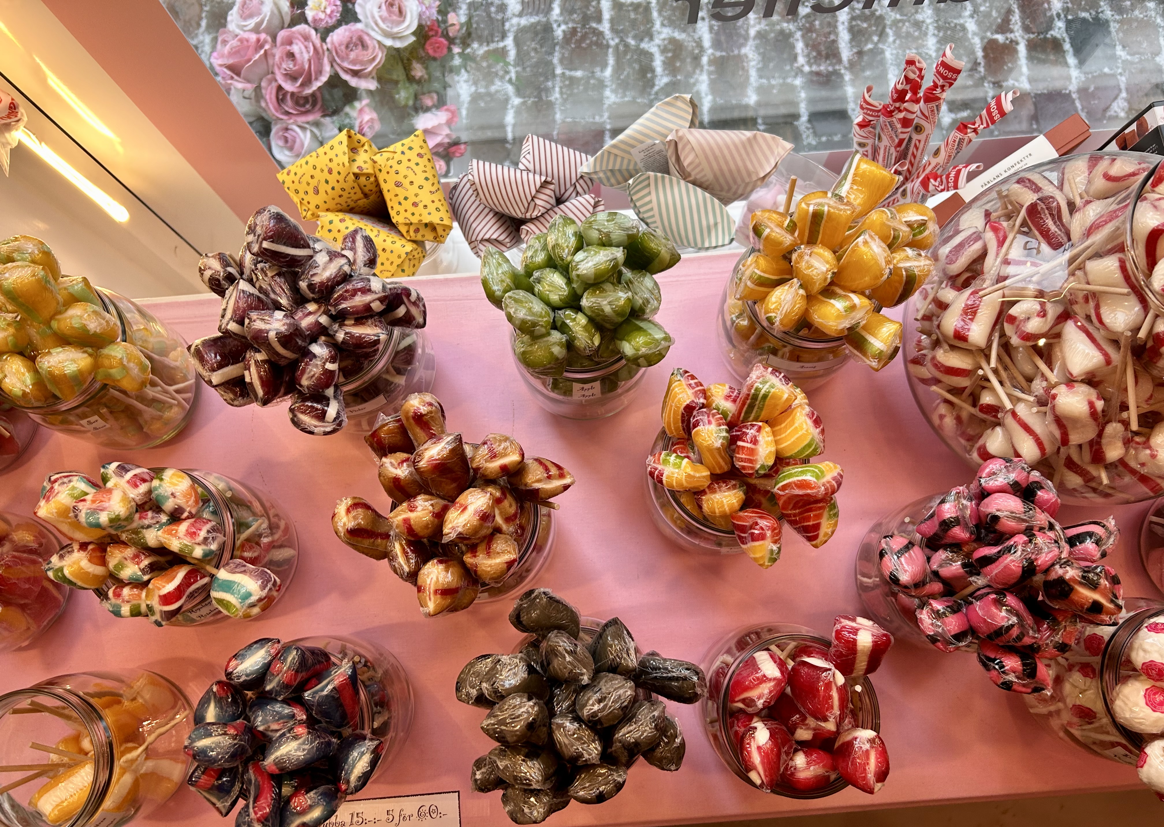 Assorted Swedish sweets arranged on a table inside a candy shop in Haga